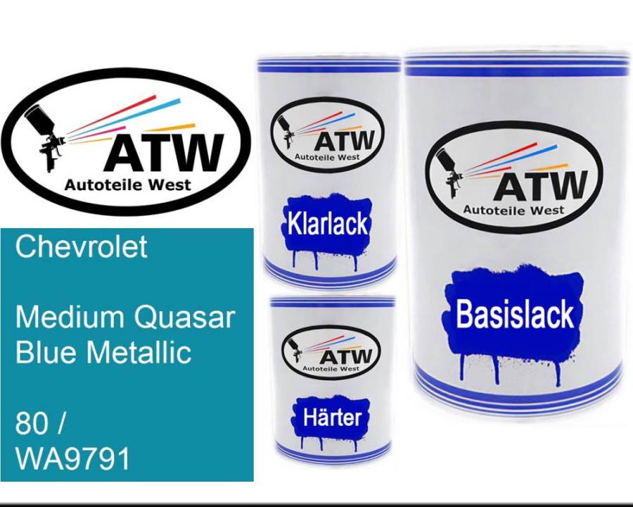 Chevrolet, Medium Quasar Blue Metallic, 80 / WA9791: 500ml Lackdose + 500ml Klarlack + 250ml Härter - Set, von ATW Autoteile West.